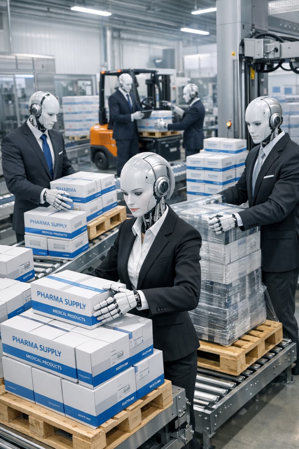 Humanoid robots with synthetic skin working in a pharmaceutical factory, elegantly dressed, organizing boxes.