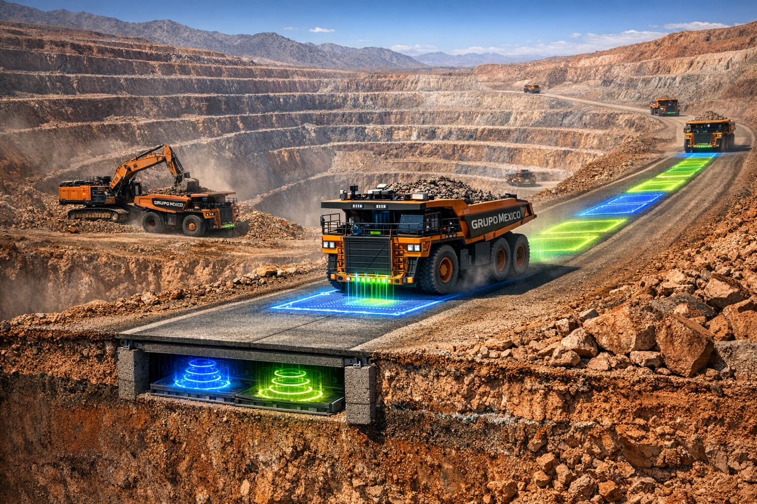 Grupo México autonomous electric mining trucks wirelessly charging via inductive road segments in open-pit copper mine – INNOVATIONCITY.COM