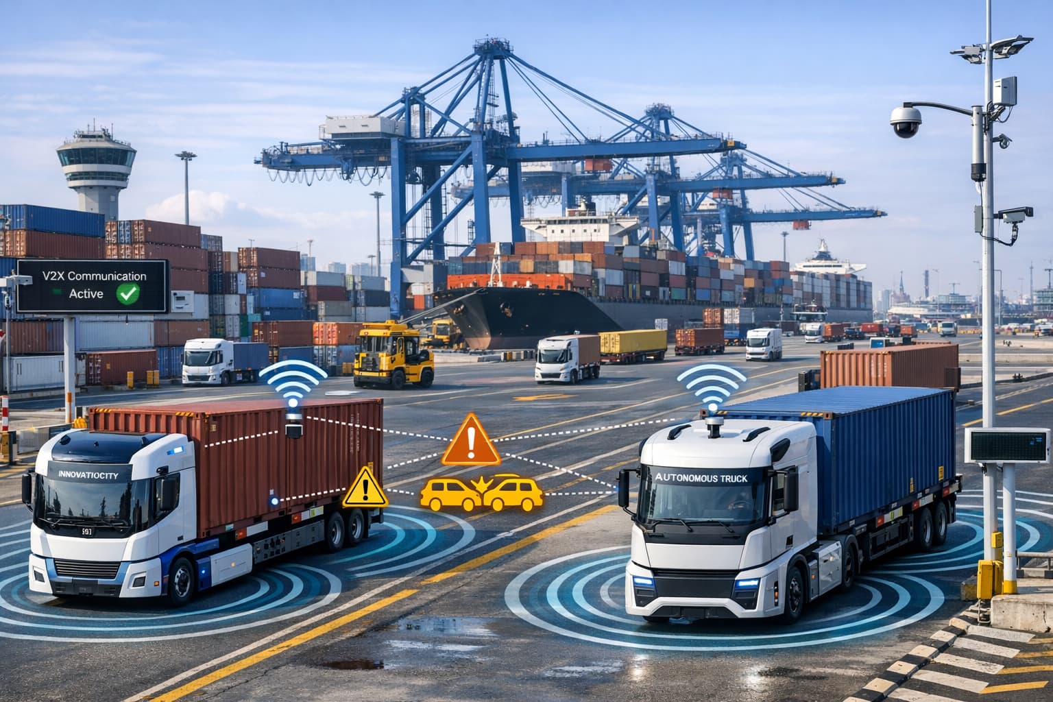 Maritime port logistics center with autonomous trucks and V2X technology by INNOVATIOCITY.COM