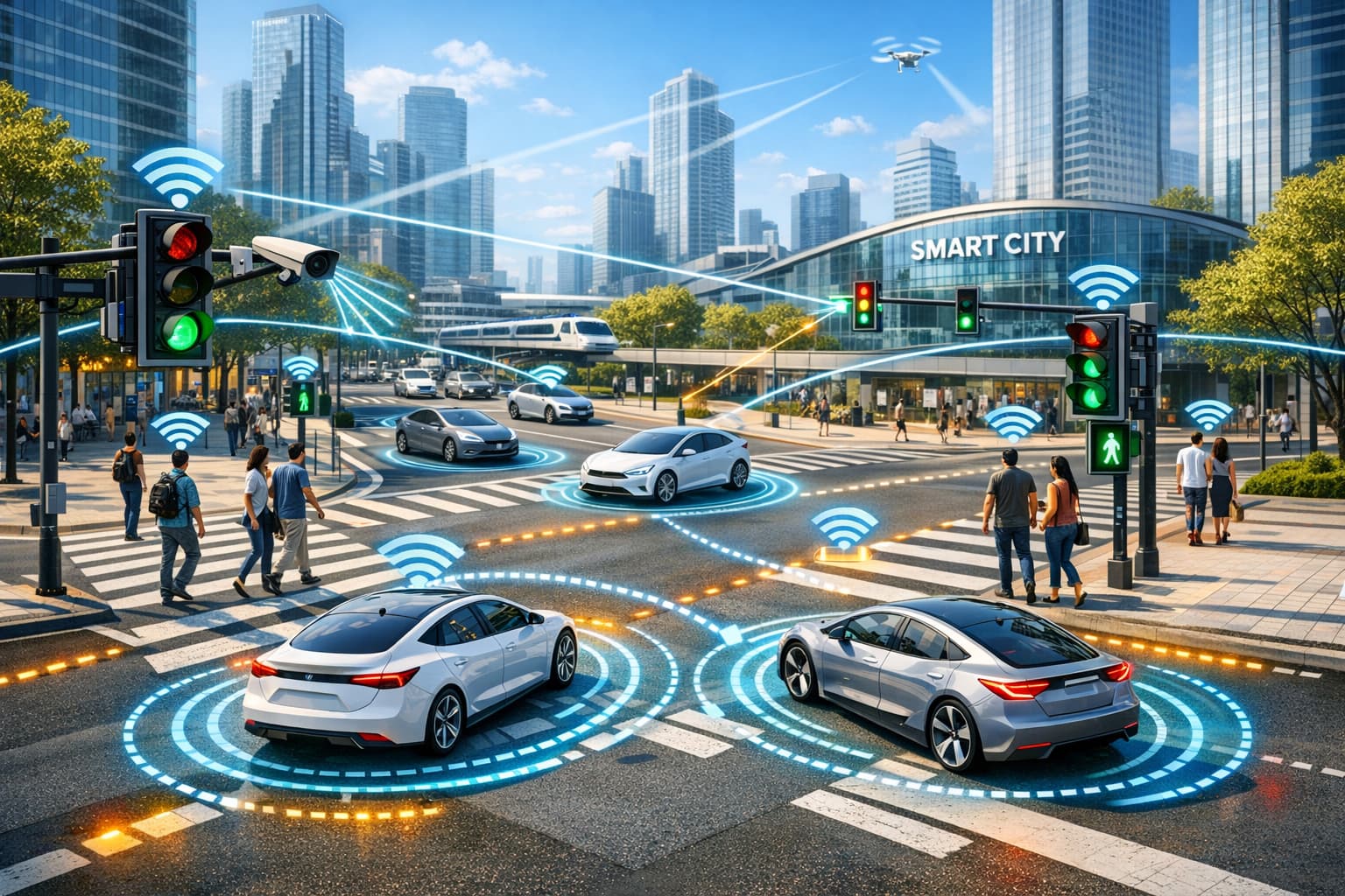 Smart city intersection with wireless technology connecting cars, traffic lights, and pedestrians, featuring modern futuristic cars.