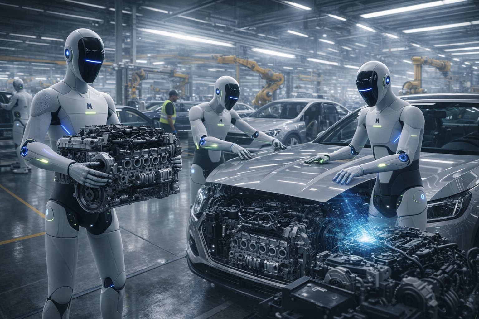 MATRIX-3 style white humanoid robots with biomimetic skin working in automotive assembly plant with precision – INNOVATIONCITY.COM