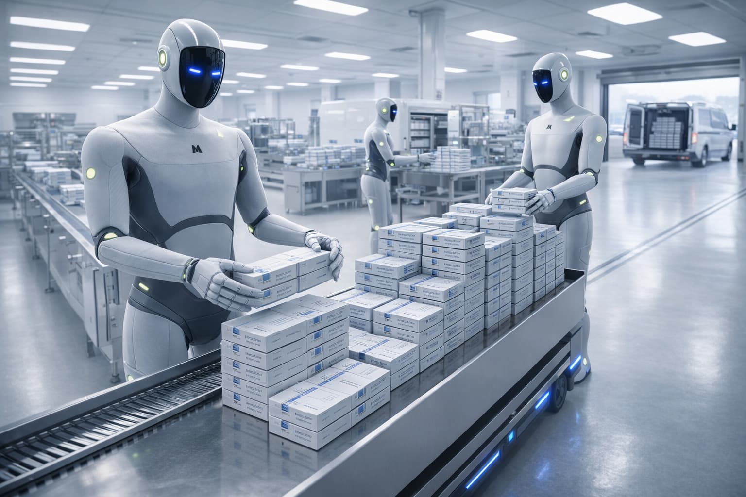 MATRIX-3 humanoid robots packing and stacking medicine boxes in pharmaceutical factory loading onto autonomous delivery van for hospital – INNOVATIONCITY.COM