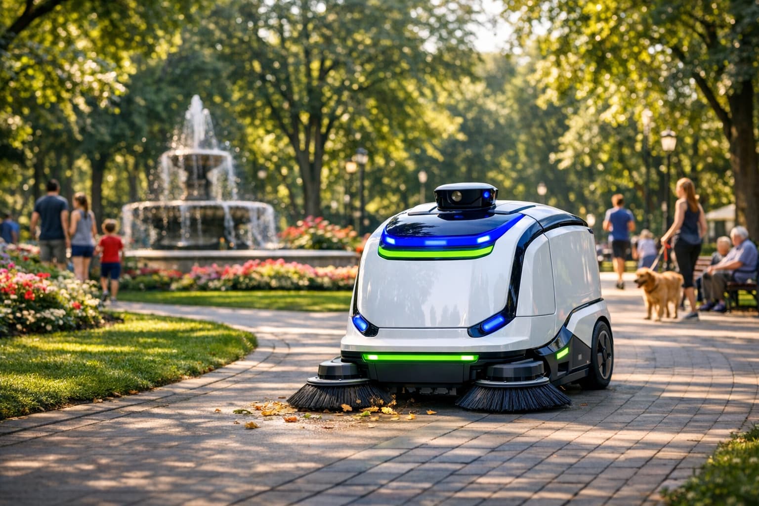 Small white autonomous sweeper robot cleaning pathways in a beautiful public park with people enjoying the space – INNOVATICITY.COM