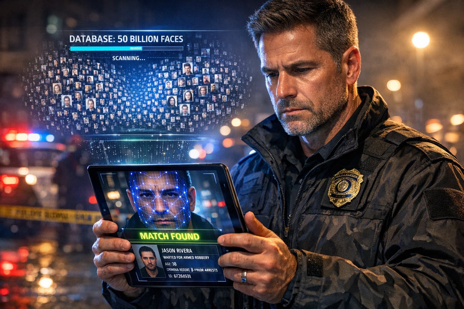 Police investigator using facial recognition tablet scanning suspect face against 50 billion face database at crime scene – INNOVATIONCITY.COM