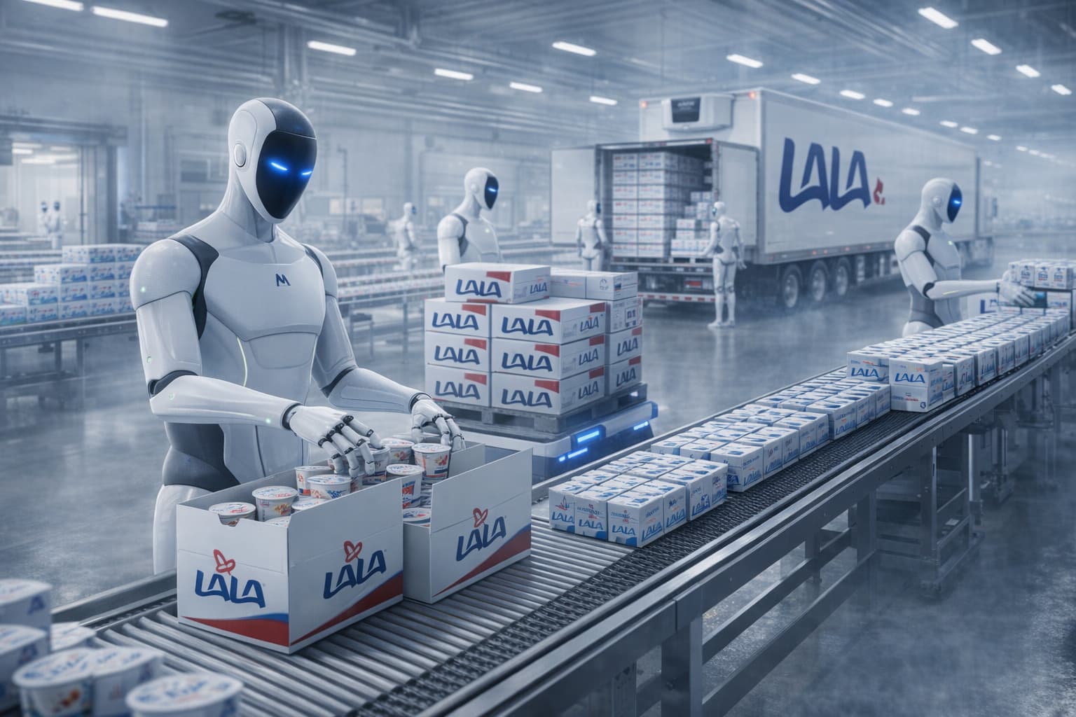 MATRIX-3 humanoid robots packing LALA yogurt and milk boxes in dairy factory loading refrigerated trailer truck – INNOVATIONCITY.COM