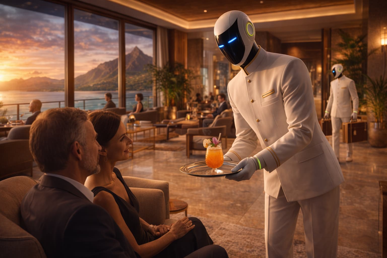 MATRIX-3 humanoid robot in white steward uniform serving luxury hotel guests with drinks and luggage assistance – INNOVATIONCITY.COM