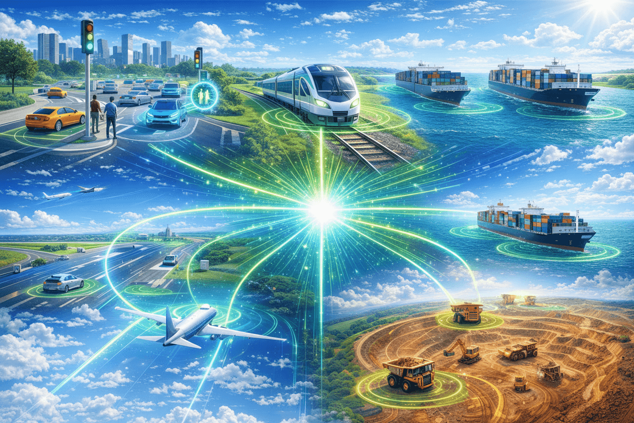 Futuristic smart network connecting cars, trains, ships, airplanes, and mining equipment with glowing lines.