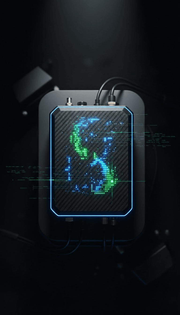Futuristic carbon fiber device with glowing blue edges and pixelated green and blue light patterns.