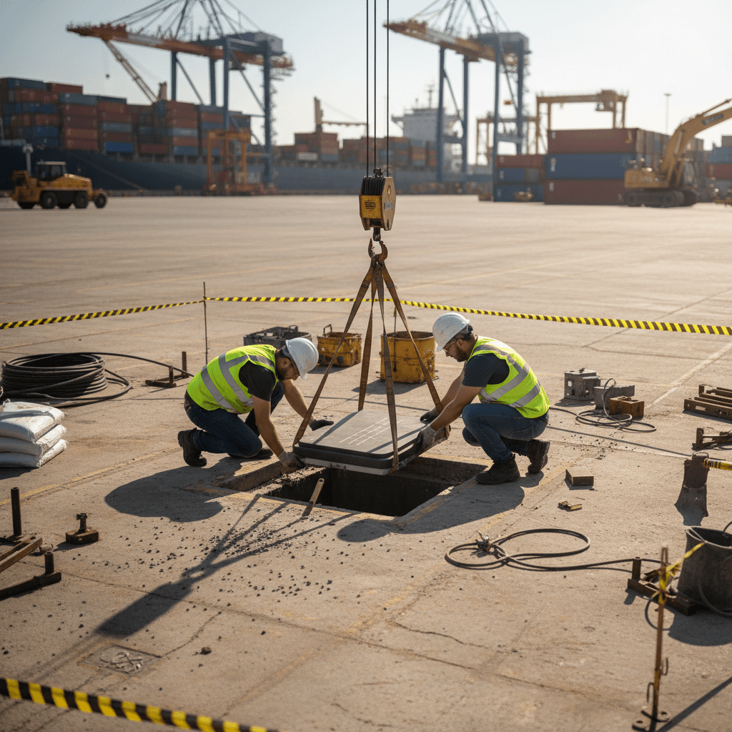 Technicians installing inductive charging module at port facility