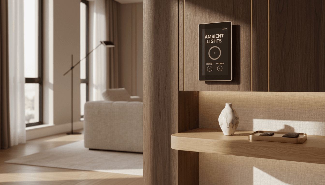 Smart home interior detail featuring wood accents, smart control panel, and luxury finishes