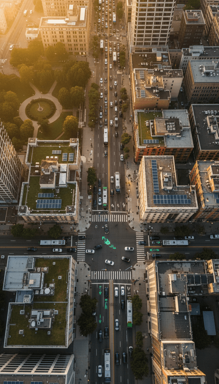 Aerial view of smart city intersection with autonomous vehicles and intelligent traffic systems