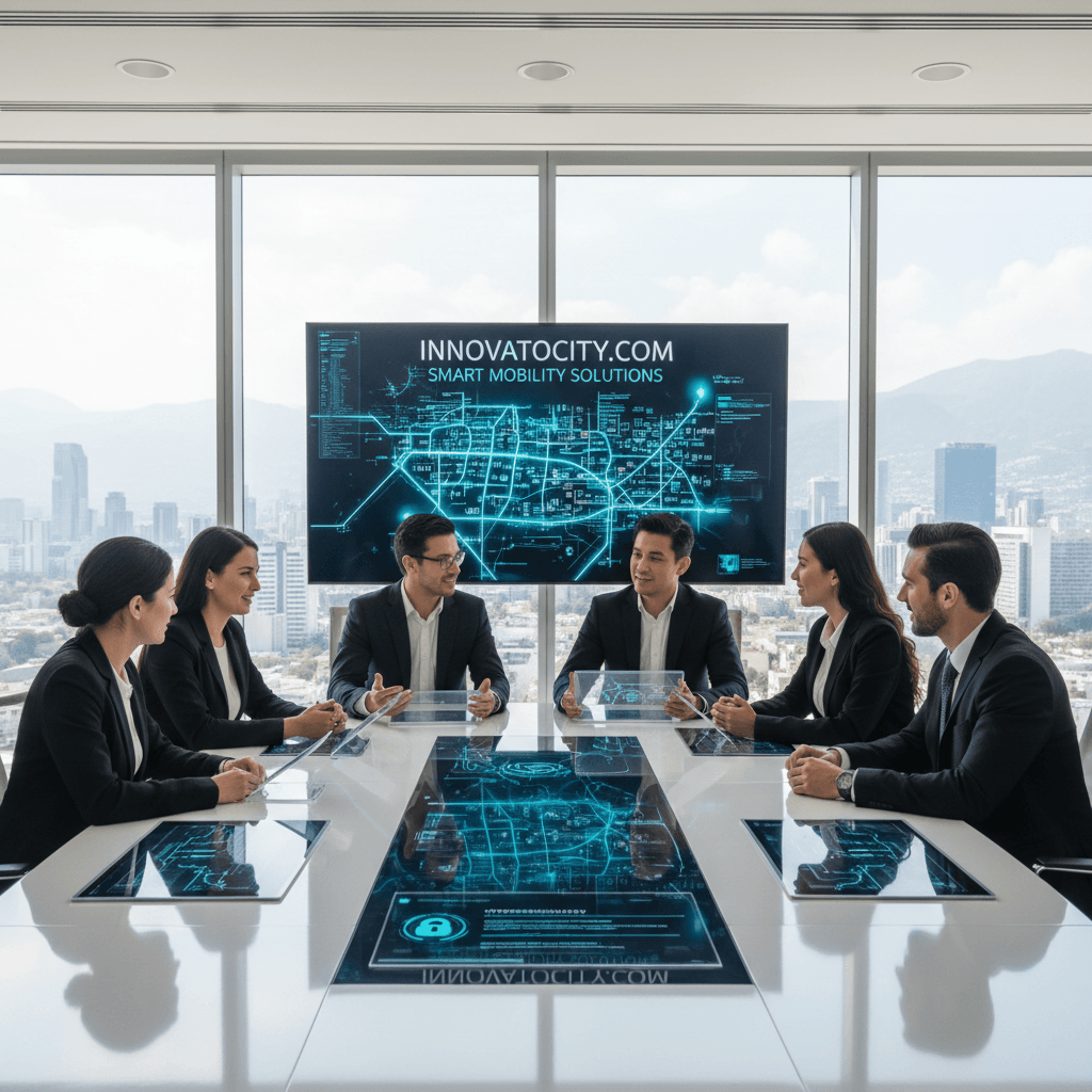 Business team collaborating in modern office with natural lighting and media equipment