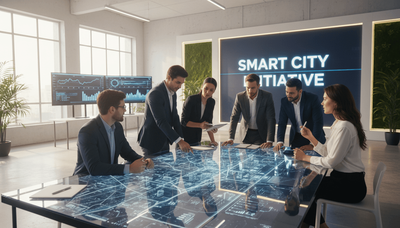 Team discussing smart city infrastructure with modern technology and natural light.