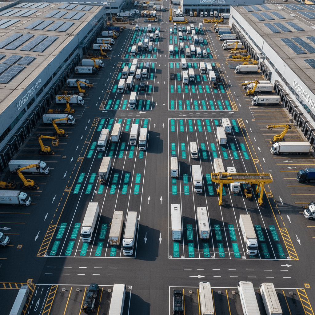 Aerial view of large logistics yard with multiple inductive charging lanes