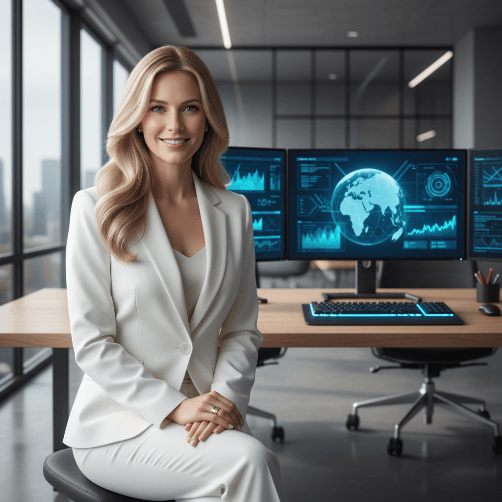 Professional standing confidently before computer monitor displaying colorful analytics dashboards in modern office