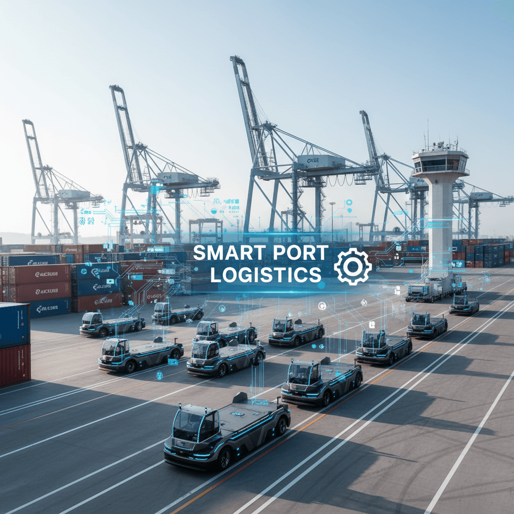 Autonomous cargo vehicles at a modern port with advanced infrastructure