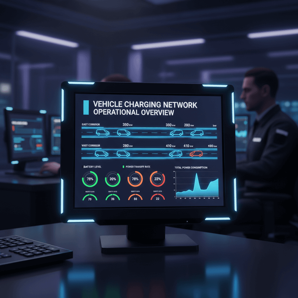 Real-time power monitoring dashboard showing charging data and vehicle metrics