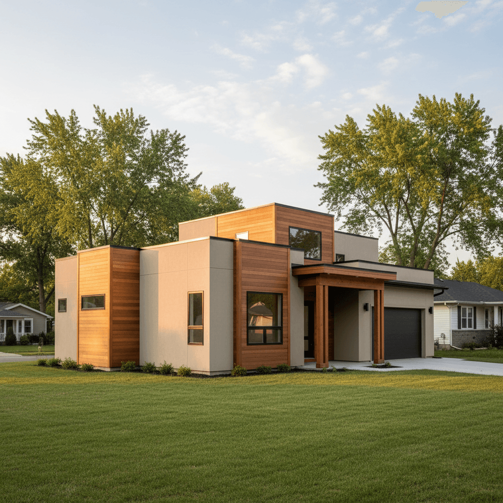 Completed smart modular home with elegant two-story design and luxury finishes