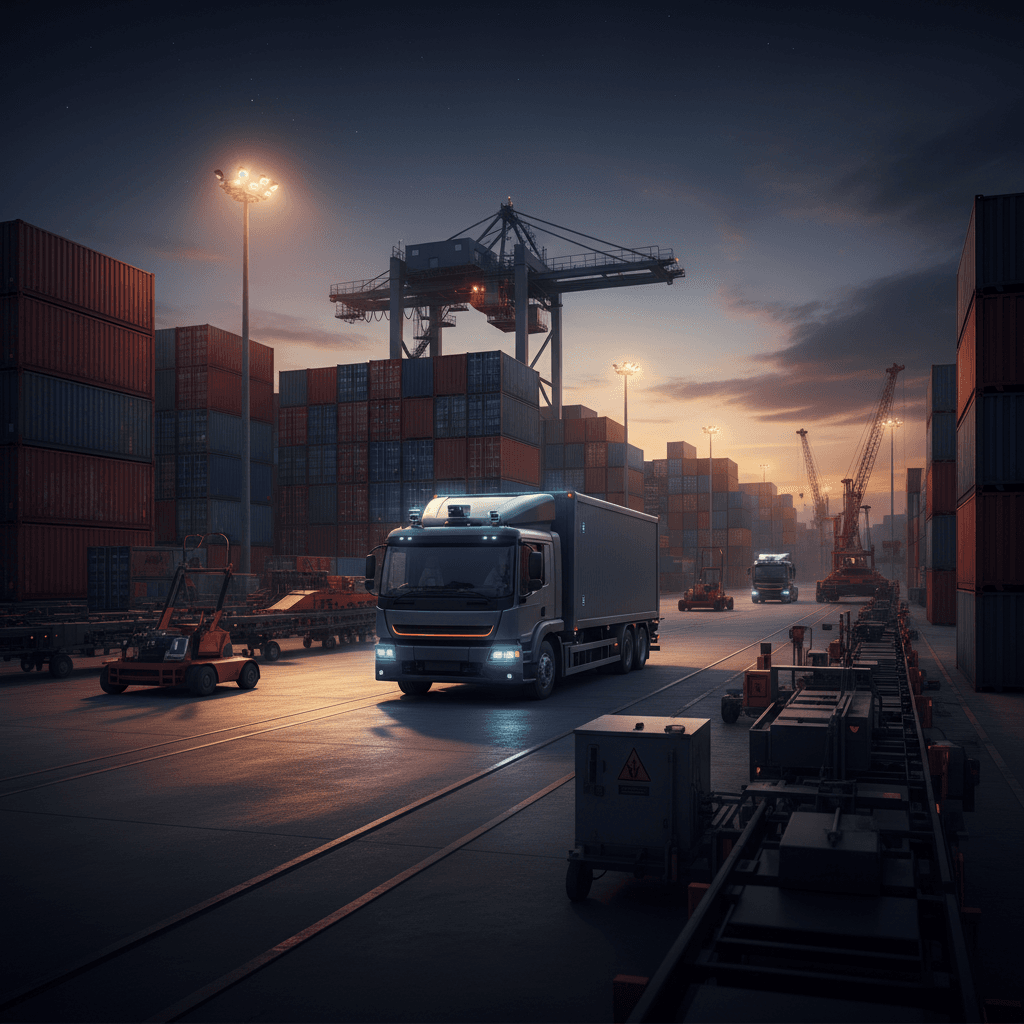 Autonomous truck operating in busy port logistics yard