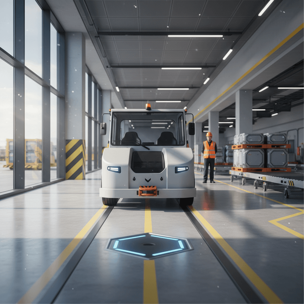 Retrofitted electric vehicle positioned over inductive charging module at airport