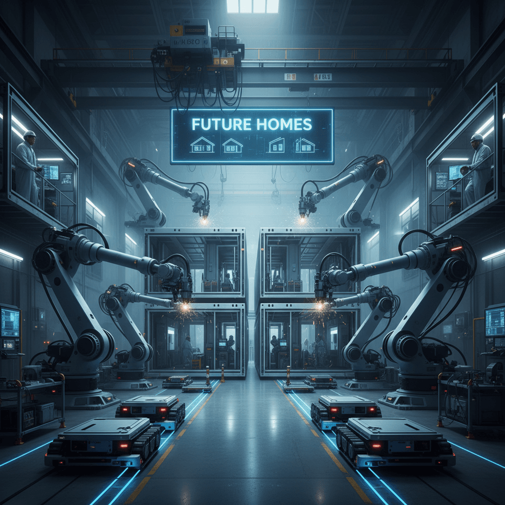 Smart factory floor with robots building modular homes in rapid assembly process