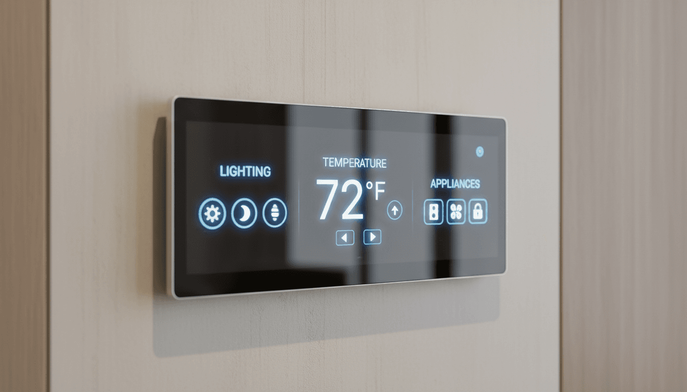 Smart control panel displaying lighting, heating, and appliance connectivity features