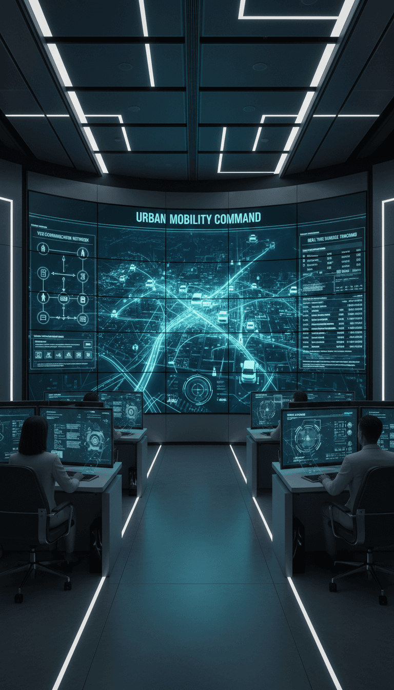 Smart city infrastructure control center with autonomous vehicles communicating via V2X technology