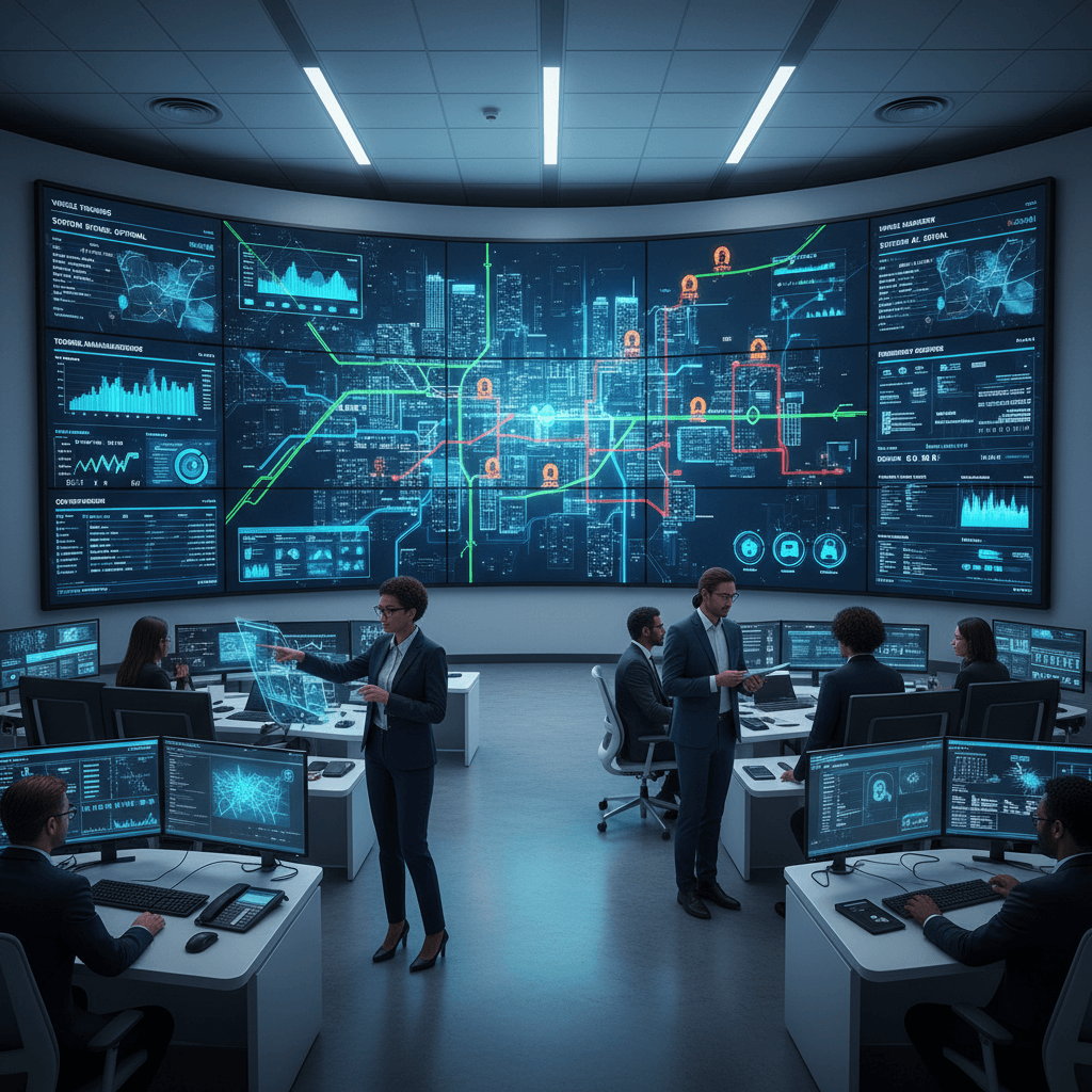 High-tech control room with screens showing city service data and professionals monitoring systems.