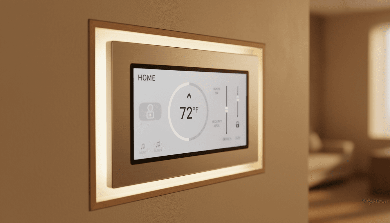 Smart control panel inside modular home showing connected technology
