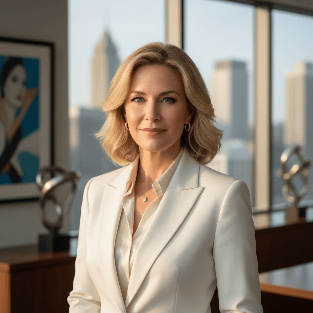 Elegant 50-year-old female tech executive in a white suit in a modern office