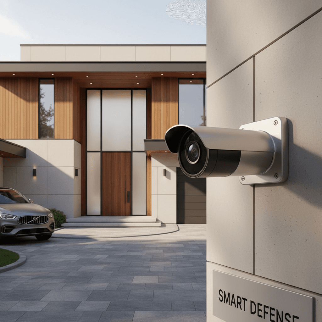 Modern security camera on a smart home's exterior, showcasing innovation and safety.