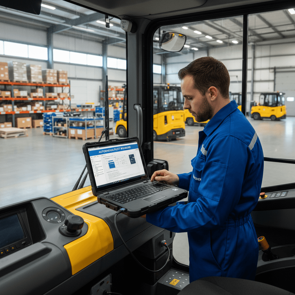 Installation technician setting up autonomous fleet software