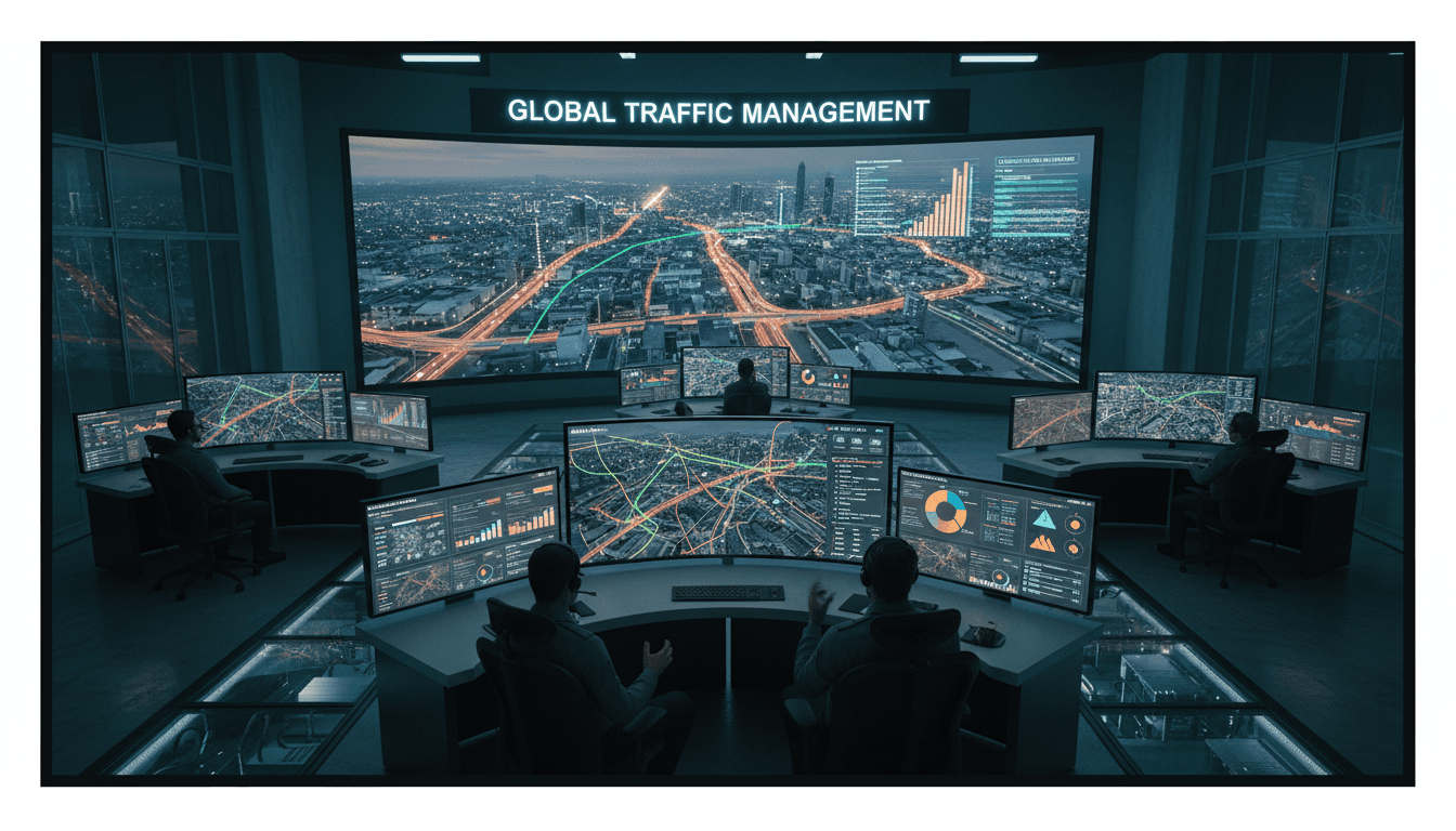 City transportation command center with real-time fleet monitoring dashboard