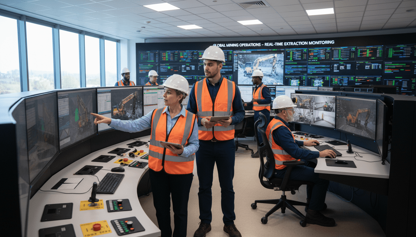 Mining control room with diverse operators monitoring real-time extraction data on multiple displays and control panels
