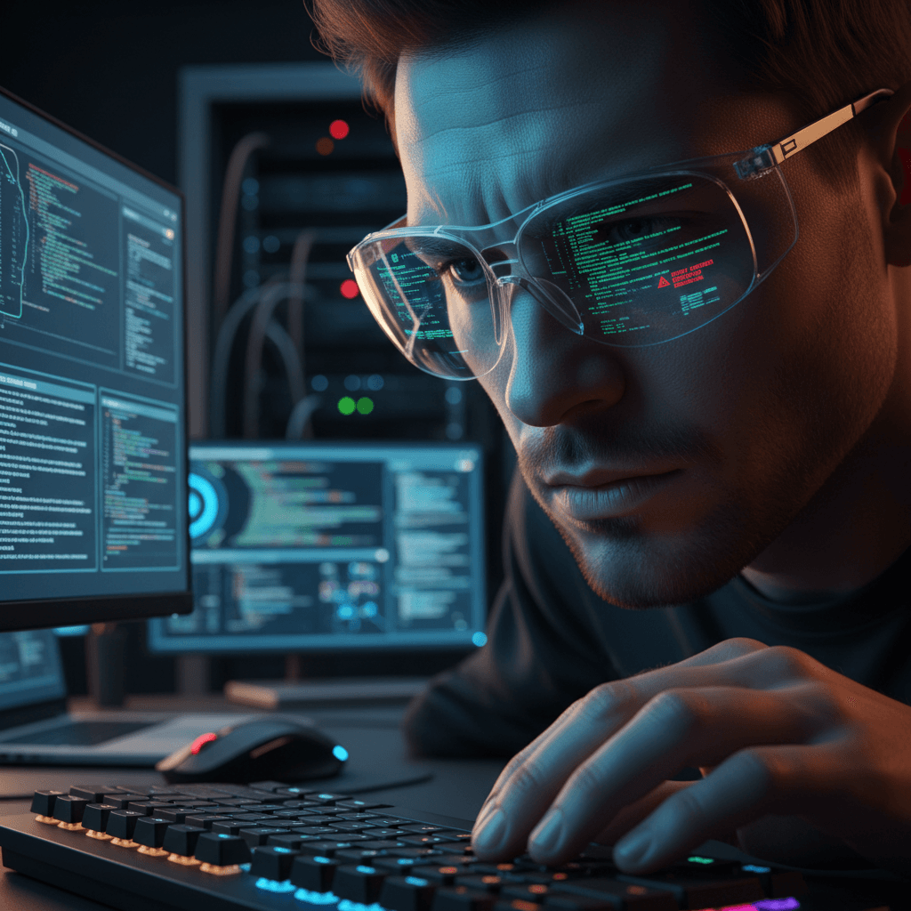 Cybersecurity analyst intensely focused on encrypted code and security alerts displayed on monitor