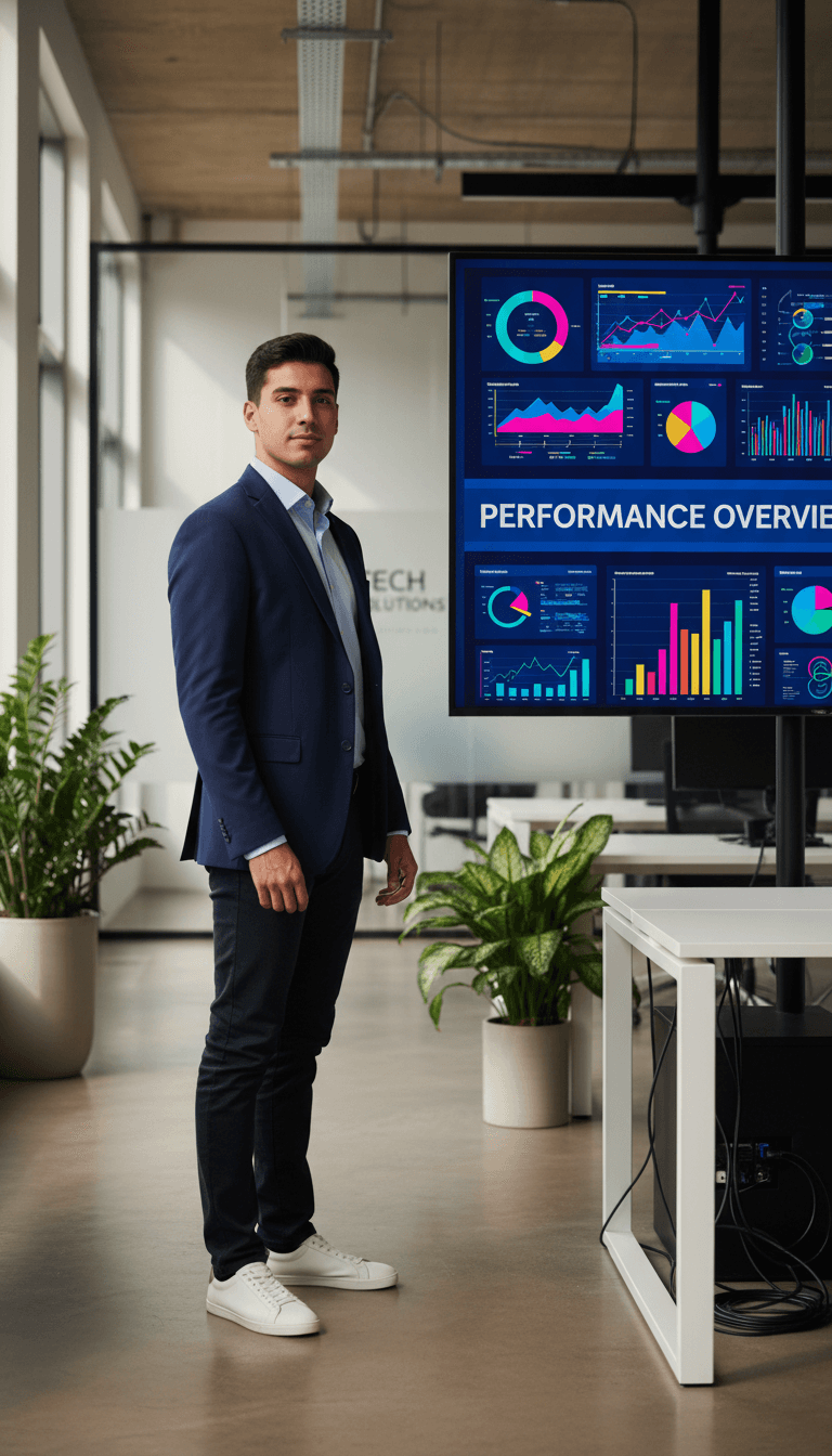 Professional standing confidently before computer monitor displaying colorful analytics dashboards in modern office