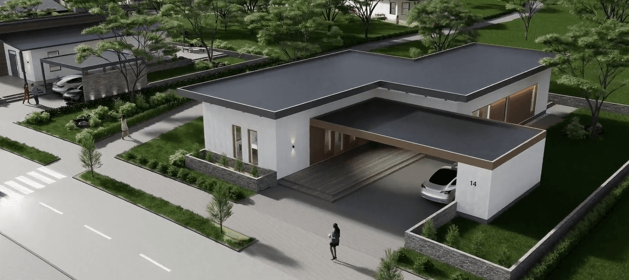 Modern white house with a flat roof and carport, surrounded by lush green landscaping.