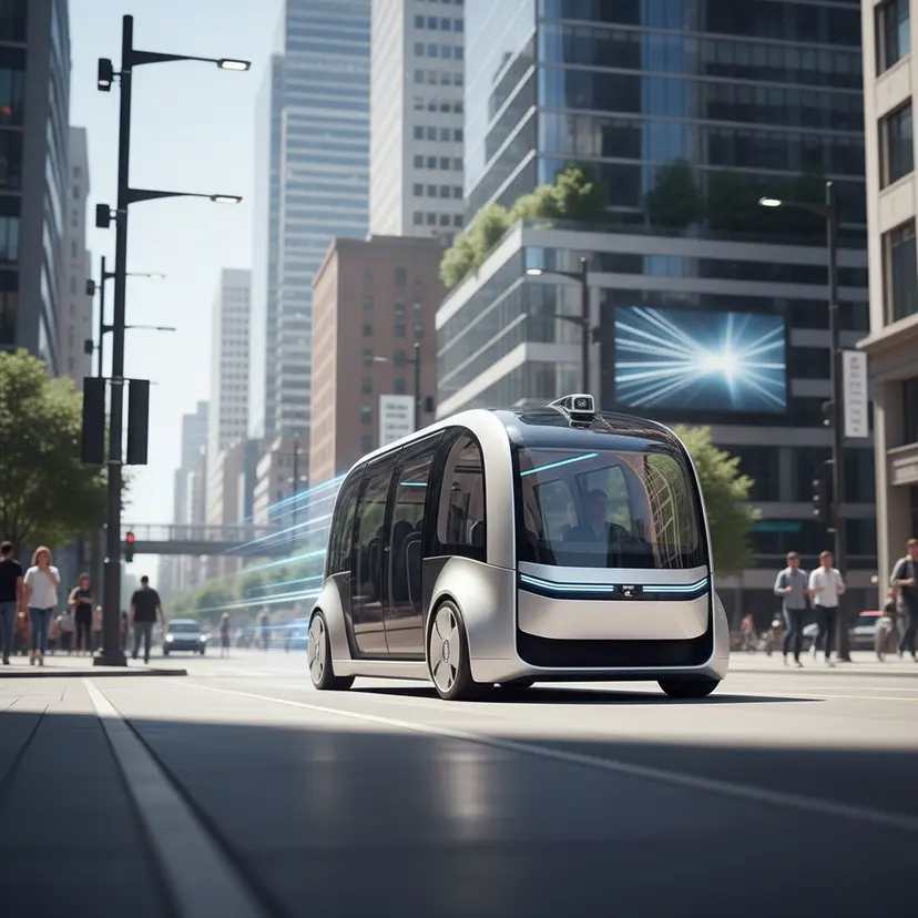 Sleek white autonomous shuttle driving through a modern city street lined with tall skyscrapers.