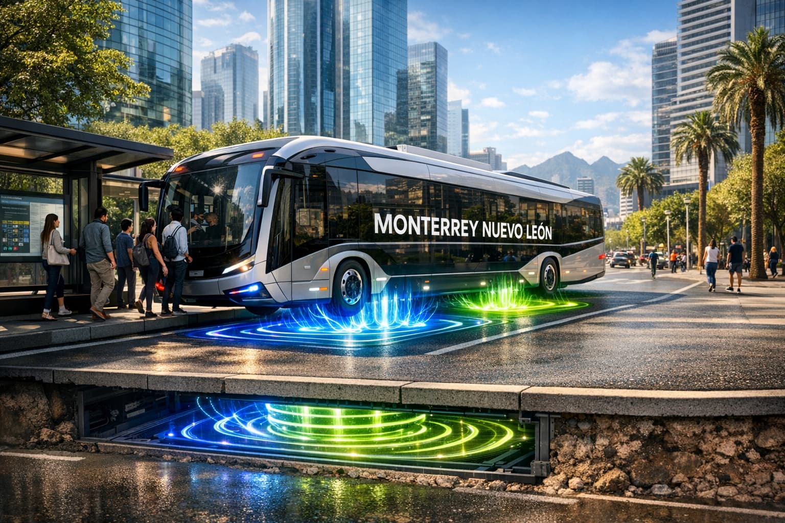Futuristic Monterrey bus wirelessly charging from the road as passengers board at a stop.