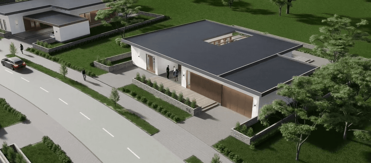 Modern white house with a flat roof, skylight, and wooden accents in a green suburb.