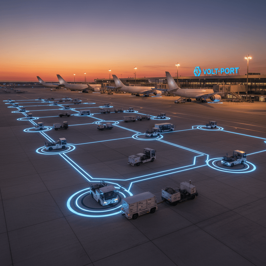 Glowing blue network lines connect ground service vehicles at a futuristic airport during sunset.