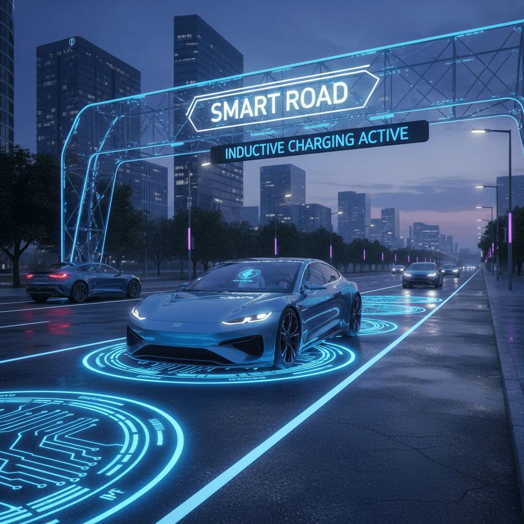 Electric cars driving on a futuristic smart road with glowing blue inductive charging pads.