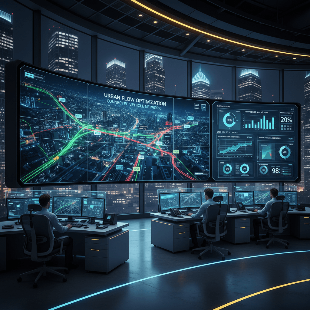 Operators monitor urban traffic flow on a massive digital screen in a futuristic command center.