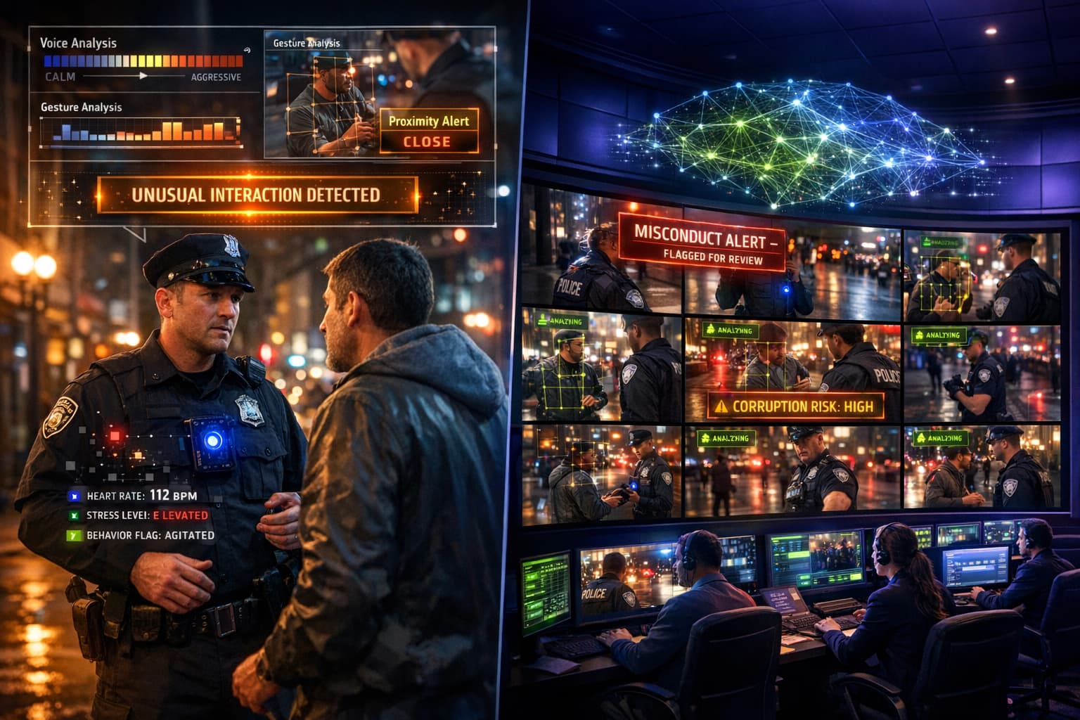 Surveillance control room monitoring police interactions with real-time biometric data overlays and misconduct alerts.
