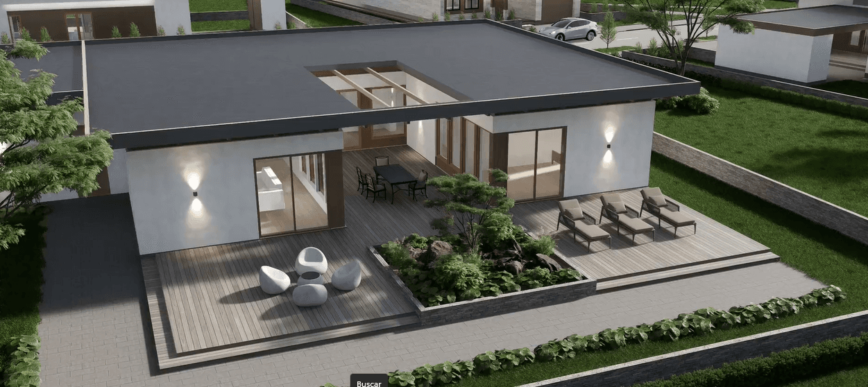 Modern flat-roofed house featuring a large wooden deck with outdoor seating and a garden.