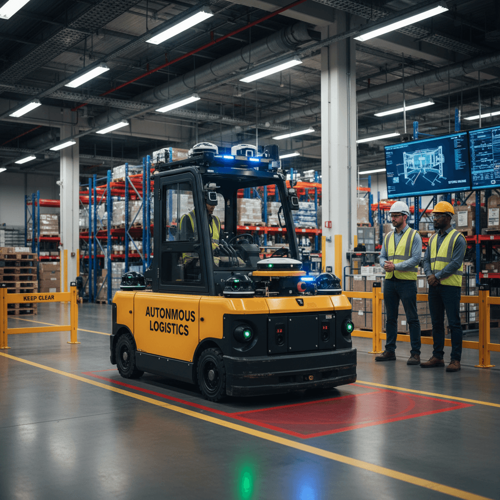 Yellow autonomous forklift navigating a warehouse floor while two workers in safety gear observe.
