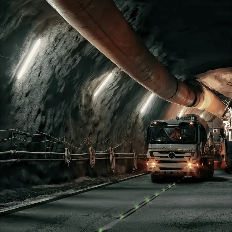 Construction truck driving through a dark tunnel with rough walls and overhead ventilation pipe.