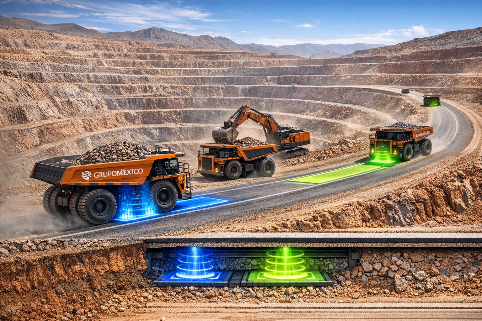 Orange haul trucks in an open-pit mine using futuristic wireless charging technology with overlays.