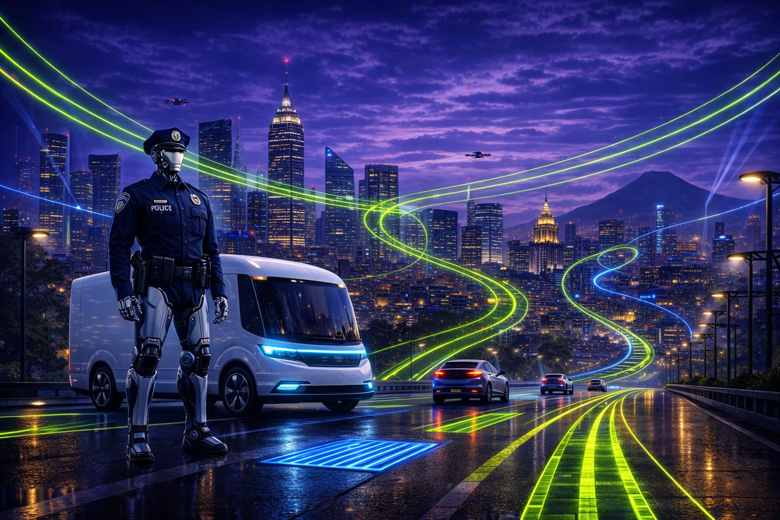Robotic police officer stands beside a futuristic van in a neon-lit city at night.