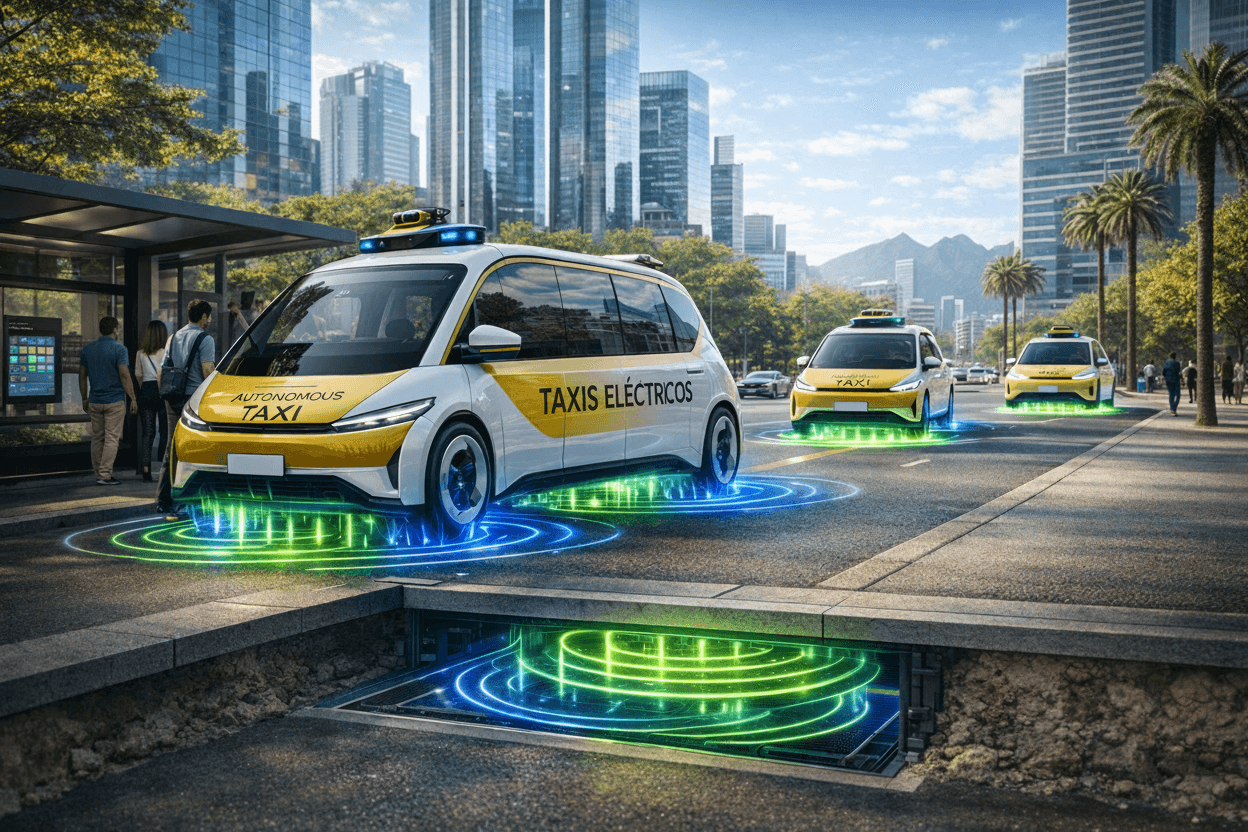 Autonomous electric taxis navigate city streets with glowing blue and green wireless charging sensors.